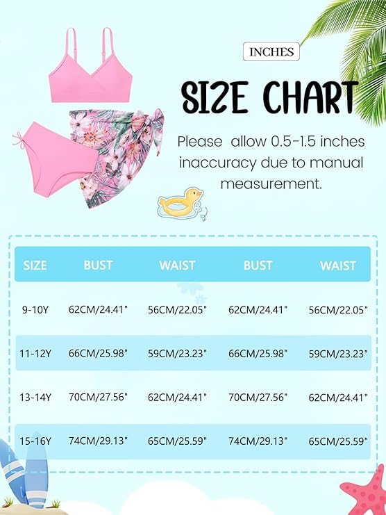 Image of Girls Swimsuit V Neck Bikini Set Color Block with Cover Up Skirt 3 Piece Bathing Suits Tween Swimwear 9-16 Years