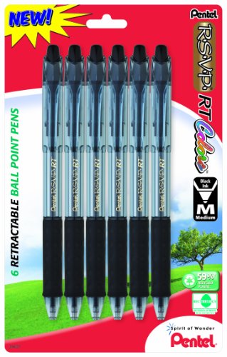 Pentel R.S.V.P. RT Colors New Retractable Ballpoint Pen, Medium Line, Black Ink, 6 Pack (BK93CRBP6A)