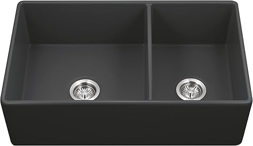 Houzer Platus PTD-6040 BL - Fregadero de granja de la serie de arcilla refractaria de 33 pulgadas con delantal de montaje inferior con cuenco doble