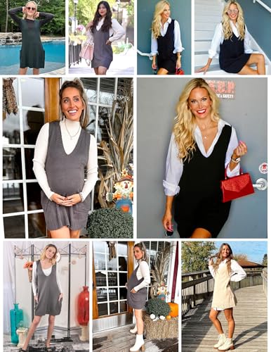 Image of HOTOUCH Women Sweater Vest Oversized V Neck Sleeveless Knit Pullover Ribbed Vest Dress with Pockets