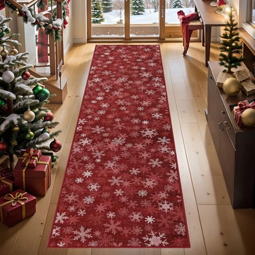 Dotiiorug Christmas 2x8 Washable Runner Hallway Rug,Low Pile Non Slip Carpet Non-Shedding Runner Kitchen Soft Indoor Stain Resistant Rug for Bedroom Laundry Room Bathroom Snowflake Red — view 3