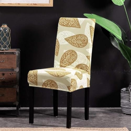 Image of House of Quirk Elastic Chair Cover Stretch Removable Washable Short Dining Chair Cover Protector Seat Slipcover ((Pack of 1, Gold Paisley))