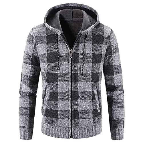 Maiyifu-GJ Men Sherpa Lined Full Zip Hooded Plaid Slim Fit Flannel Hoodies Shirt Jacket Fleece Thick Casual Cardigan Sweater (Light Grey,Medium)