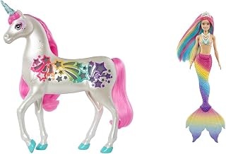 Barbie Dreamtopia Brush 'n Sparkle Unicorn with Lights and Sounds, White with Pink Mane and Tail, GFH60 & Dreamtopia Rainbow Magic Mermaid - Doll with Rainbow Hair & Water- GTF89