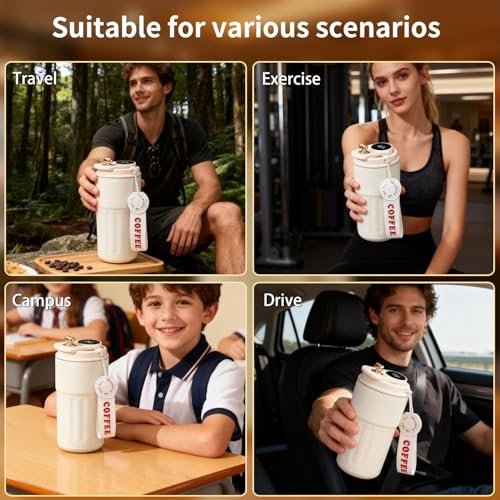 Image of 500ml Smart Temperature Display Coffee Mug with Leakproof Lid & Carry Strap, Portable Travel Cup for Tea, Coffee, Water, Office, Gym, School & Daily Use (T Brown)
