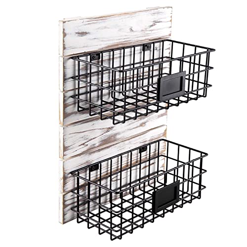Mygift Black Metal Wire Wall Hanging Storage Basket Rack With Label Holders And Whitewashed Wood Wall Mount, Farmhouse Kitchen Fruit And Produce Basket Organize #TOP5