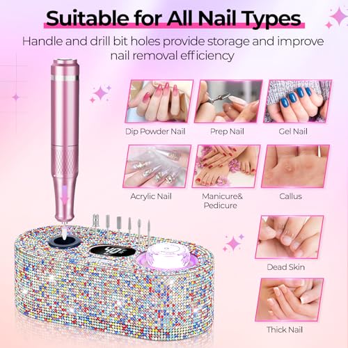 JOSGLOI Electric Nail Drill Professional: Shiny 40000RPM Electric Nail File Kit E File Nail Drill Machine with LCD Display for Acrylic Gel, Manicure Pedicure Polishing Grinder for Salon Home, Diamond — view 5