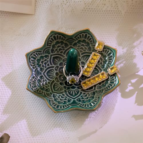 Image of Ceramic Mandala Ring Holder Dish, Decorative Jewelry Holder Trinket Tray Room Decor, Engagement Wedding Birthday Gifts for Women Girls (Green)