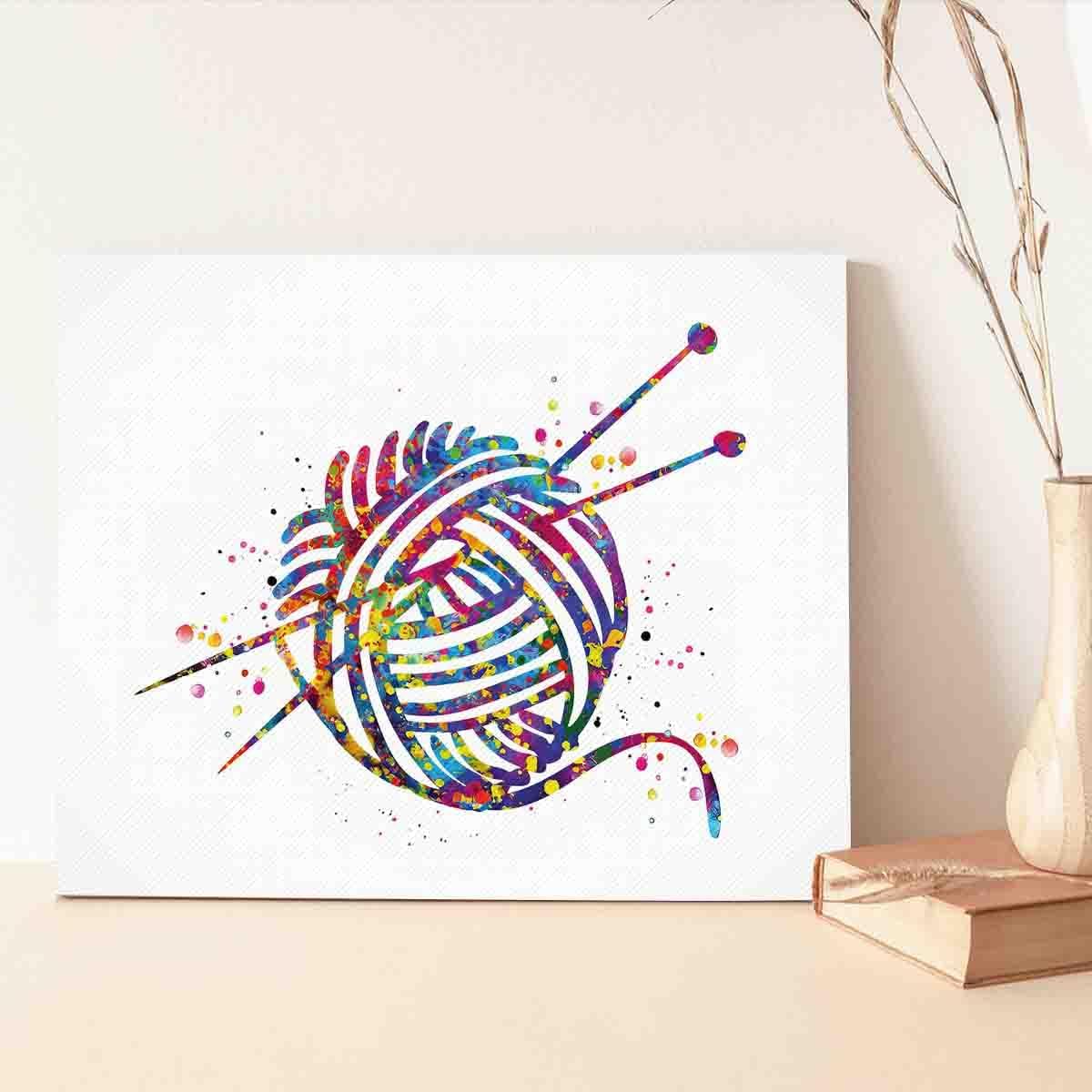 MBARE Pastel Watercolor Wall Art,Knitting Art Watercolor Print Wall Art Yarn Knitted Woman Sewing Room Housewarming Room Decor Wall Decor Tailor Gift Wall Hanging~-16"X24" Canvas Print With Frame