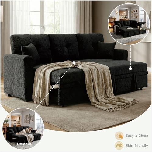 Image of KEIKI 71 inch Sleeper L Shaped Sofa with Pull Out Bed, 3 Seater Sectional Sleeper Sofa with Reversible Chaise, Modular Sectional Sofa with Storage for Living Room, Black