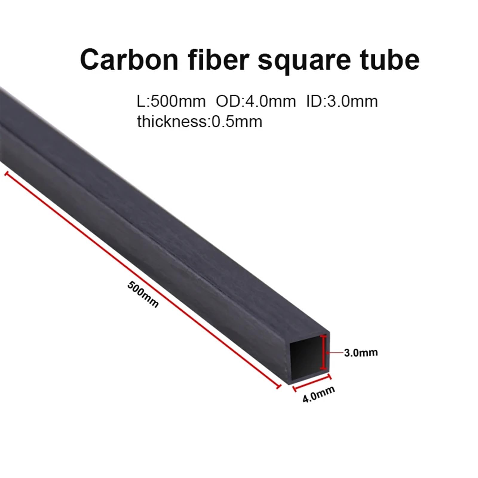 4pcs/Lot Carbon Fiber Square Tube Length 500mm Outer Diameter 3mm 4mm 5mm 6mm 8mm 10mm Carbon Square Tube 3K Carbon Fiber Square(4x4x3x500mm)