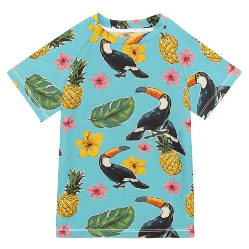 ALAZA Kids Rash Guard Girls Boys Toddler Swim Shirts Short Sleeve Toucan Hibiscus Flower UPF 50+ 3T