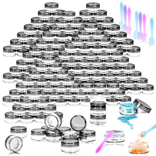 MotBach 100 Pcs 5g Empty Plastic Containers with Black Lids Mini Makeup Sample Containers Small Sample Pot Jars Round Cosmetic Jars with Mini Spatulas for Liquid Sample Powder Creams Lotions