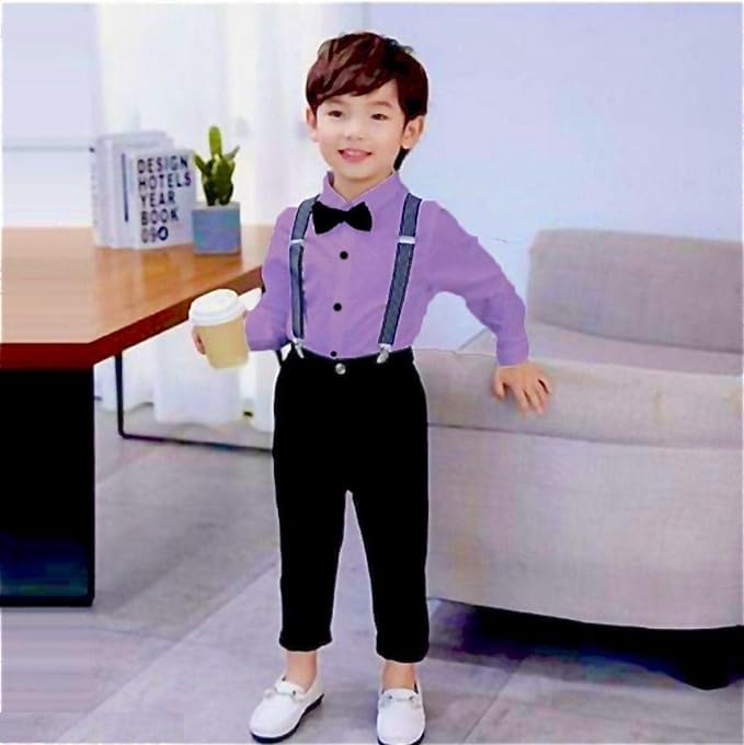 Image of SAGAR IMPEX Boys Cotton Blend Solid Full Sleeves Shirt and Pant Set with Suspender and Bow Tie | Clothing Set for Boys