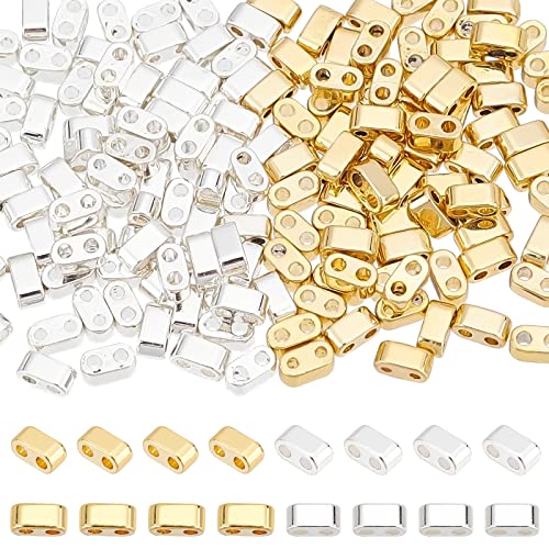 PH PandaHall 160pcs Half Tila Beads 24K Gold 925 Sterling Silver Plated Tila Beads 2-Hole Beads Multi-Strand Connector Metallic Synthetic Hematite Bead for Cord Bracelet Necklace Jewelry Making