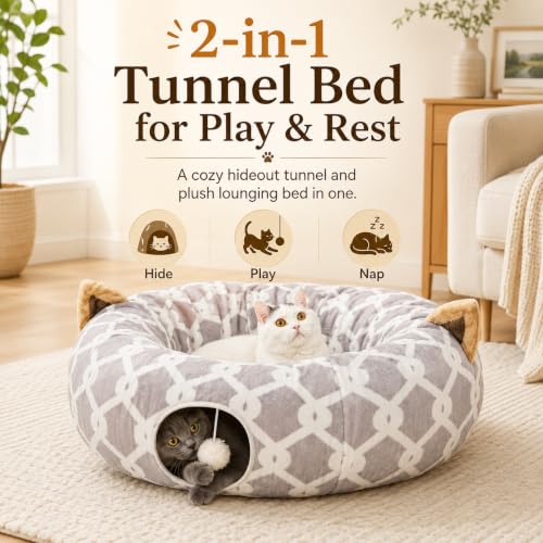 Image of Large Cat Tunnel Bed Under Christmas Tree with Fluffy Toy Balls, Small Cushion and Flexible Design- 10 inch Diameter, 3 ft Length- Great for Cats, and Small Dogs, Gray Geometric Figure