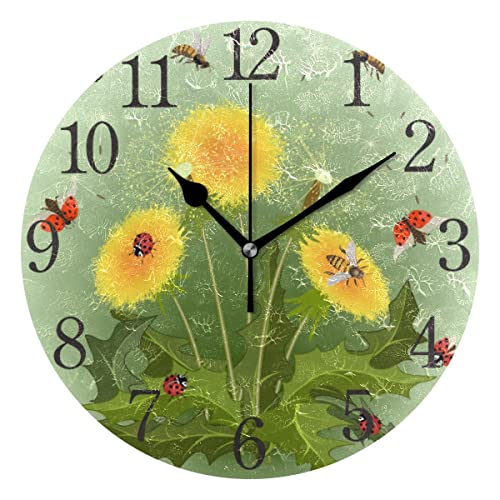 senya Wall Clock Silent 9.5 Inch Battery Operated Non Ticking Dandelions Ladybugs Bees Butterfly Round Decorative Acrylic Quiet Clocks for Bedroom Office School Home by domook