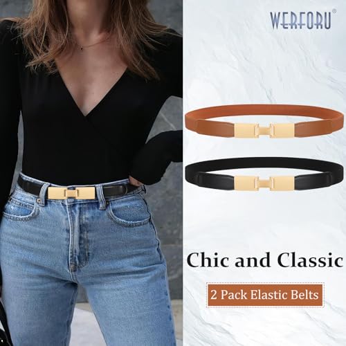 WERFORU 2 Pack Women Skinny Elastic Waist Belt Gold Silver Buckle Stretchy Thin Belt for Jeans Dress 0.98" Width3