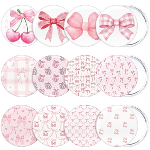 Cinnvoice 12 Pcs Bow Party Favors Mini Compact Mirror Bulk Coquette Aesthetic Party Favors Little Pocket Mirrors for Women Girl Birthday Valentine's Day Gifts (Cute Style,Pink)
