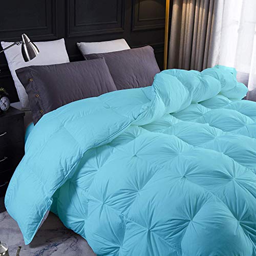 Aqua All Season Down Alternative Pintuck Comforter- Oversized Queen Size 98 x 98 Inches 1 pc Pinch Pleated Duvet, 550 GSM with Corner Tabs 100% Egyptian Cotton- Aqua Solid