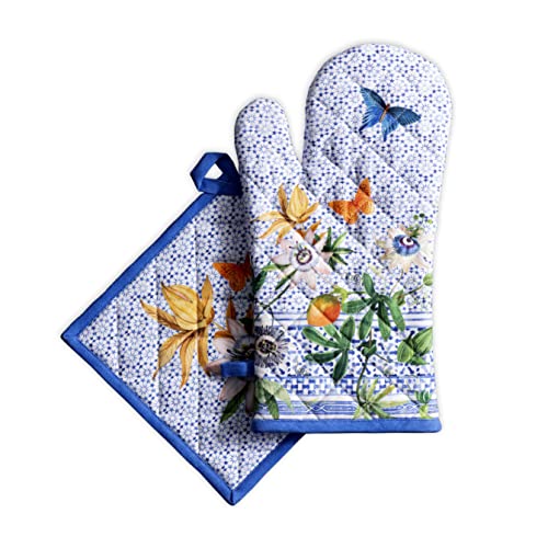 Maison d' Hermine 100% Cotton Oven Mitt & Pot Holder Set (19 x 33 cm & 20 x 20 cm) Heat Resistant BBQ Cooking Gloves with Loop for Baking Handling Hot Pans Gifts for Mothers Day (Indigo Love)