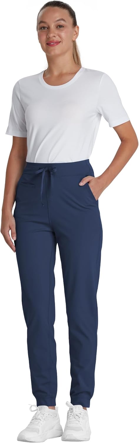 Yoga Scrub Pants for Women Jogger Style, High Rise Slim Fit Scrub Leggings with 5 Pockets, Anti-Wrinkle & Knit Yoga Waistband