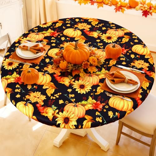 Moosfor Round Spandex Thanksgiving Fitted Tablecloth for 45"-56" Tables