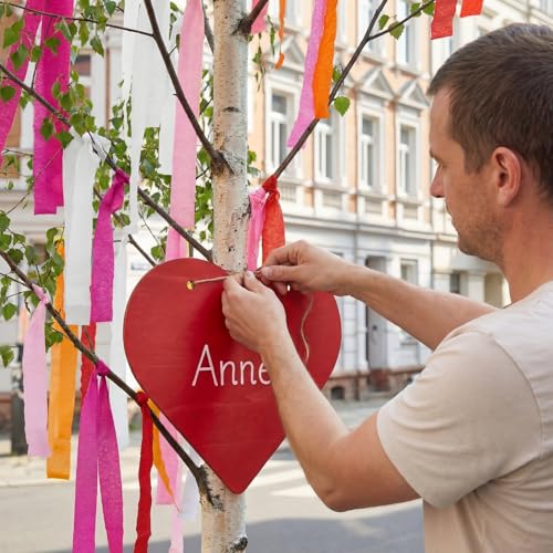 Tenare 9er Set Maibaum Deko inklusive 60 m 6 Farbe Bunt Krepppapierbänder Groß Rot HolzHerz Marker und 1 m Hanfseil für Maibaum Bänder Feier Hochzeit DIY Geschenk(Rottöne)
