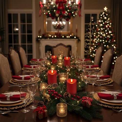Image of Homemory Burgundy Flameless Candles, Waterproof Flickering Candles, Outdoor Battery Operated LED Pillar Candles with Remote Timer, Electric Fake Plastic Candles, Red, Christmas Decor, 3 inch x 6 inch