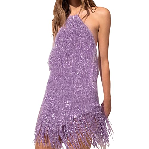 Uillui Womens Fashion Western Fringe Dress Sexy Party Night Glitter Sequins Mini Dress Cowgirl Outfits Flapper Dancing Dress Purple