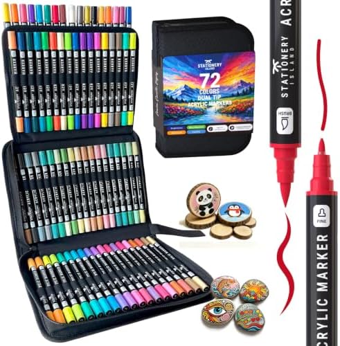 STATIONERY ISLAND Acrylstifte für Steine Wasserfest 72 Farben 1-5mm Dual Tip Acrylmarker für Halloween Basteln, Kürbis Malerei, Rock Painting, Glas, Papier, Ei, Leinwand, Keramik,