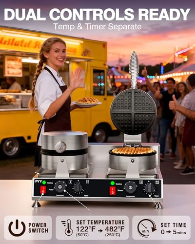 Image of PYY Commercial Waffle Maker - Double Waffle Maker 2500W Large Stainless Steel，Silver Non-stick Electric Chaffle Maker for Restaurants, and Carnival Events