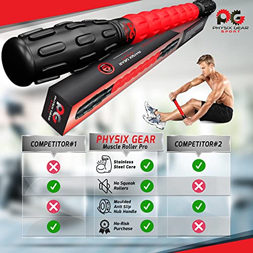 Physix Gear Sport Muscle Roller Stick - Best Deep Tissue Massager for Trigger Points, Leg Cramps, Quads, Calf & Hamstring Tightness - Myofascial Release - Travels Easily and No Annoying Squeaks (RED)