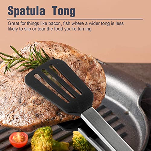 Image of Set of 3 Stainless Steel Food Tongs with Silicone Tips, 3 Types Heavy Duty Non-Stick Clamp Clip for Kitchen BBQ Cooking Grilling Buffet Noodles Salad Steak (Black)