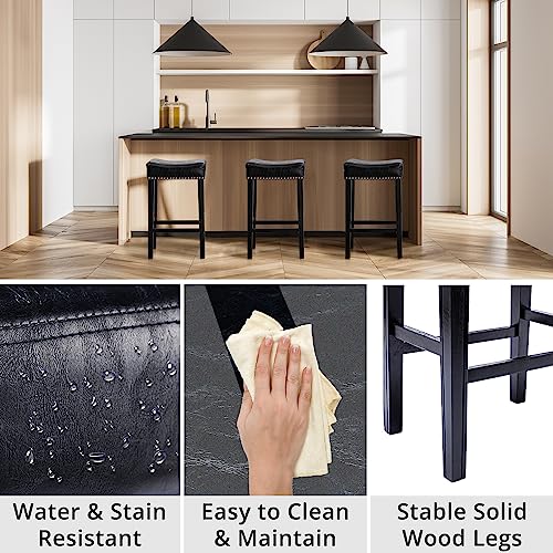 Bar Stools Set Of 2, Counter Height Bar Stools With Soft Cushion, 26" Pu Upholstered Saddle Stool With Footrest And Nailhead Trim, Bar Chairs For Bar Kitchen Island Room, Support 330 Lbs, Black #TOP5