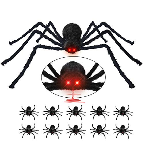 Begleri Halloween Decorations Giant Spider 4.1 ft with LED Eyes Spooky Sound Including 5 pcs Realistic Spider for Outdoor,Party,Bedroom Decor