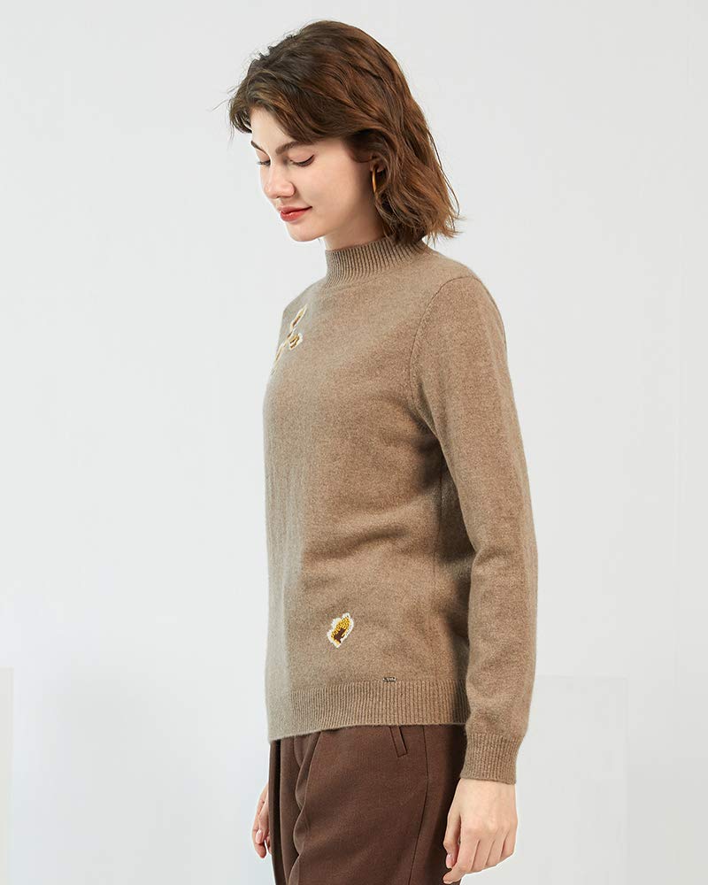 ZHILI - Maglione a maniche lunghe da donna, 100% puro cashmere, con collo alto, ricamato, lavorato a maglia