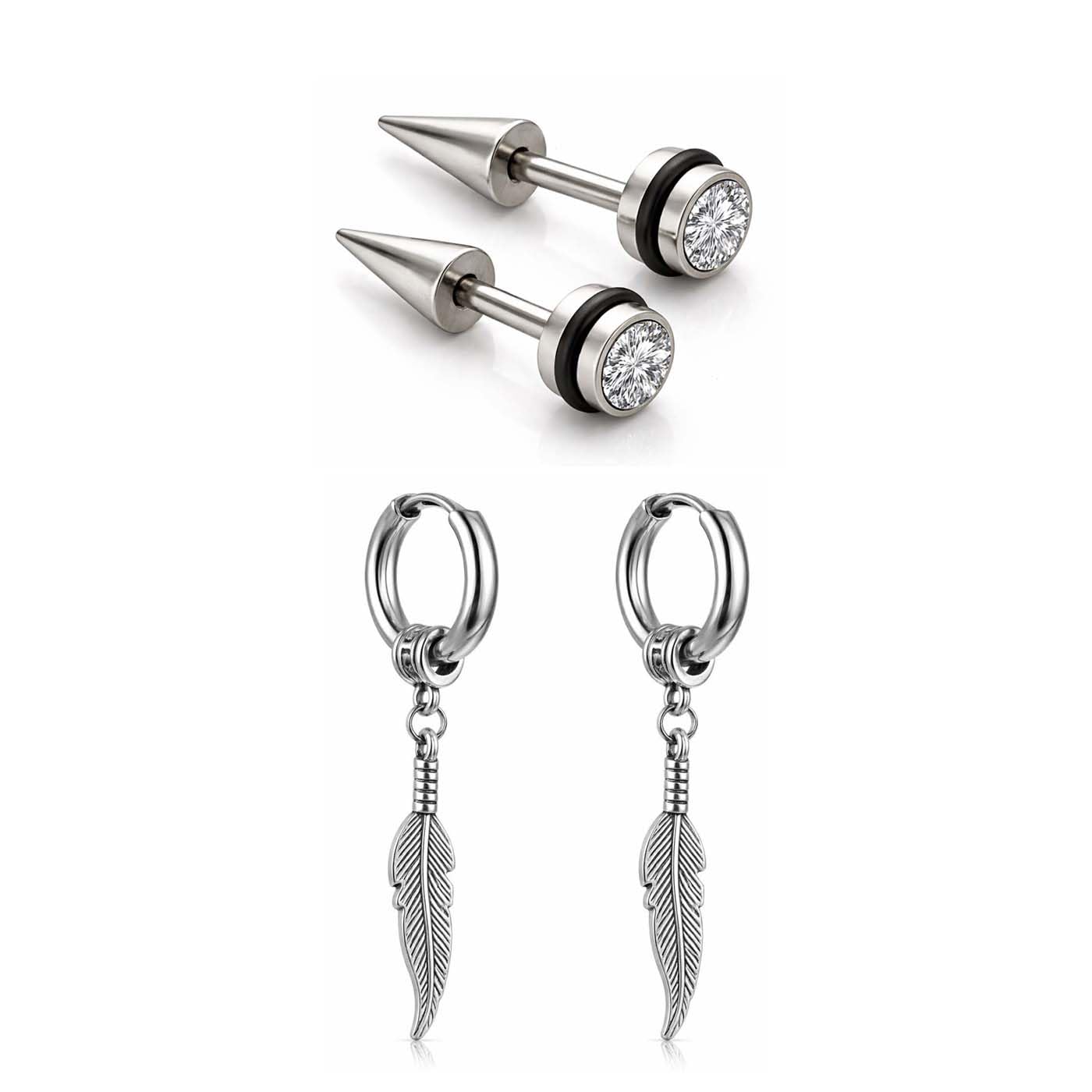 Combo of (2 Pair) Unisex Fancy & Stylish Stainless Steel Silver Trendy Elegant Black Round Cone Shape Stud Earring & Press Screw Pierced Style Clip on Metal Barbell Dangle Hoop Bali with Hanging Leaf for Men & Women-image-39