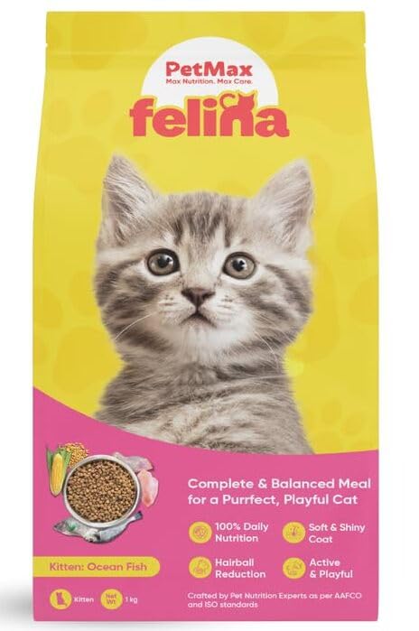 PetMax Felina Kitten Dry Cat Food - Ocean Fish, 1kg Pack of 2 | High Protein Formula | Complete & Balanced Nutrition | Taurine-Enriched | Gluten Free 