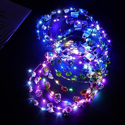 URAQT LED Blumenkranz Stirnband, 12PCS Haarkranz Blumen Mallorca Party Accessoires, Damen und Kinder Festival Zubehör Geburtstag Weihnachten Party Hochzeit Dekor Blumenkranz Kopfschmuck