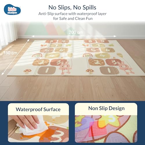 Image of Kids Station Double-Sided Waterproof Baby Playmat - Foldable, Portable & Reversible Foam Mat for Infants, Toddlers & Kids - Soft, Non-Slip, Easy-to-Clean Baby Crawling Mat for Indoor /Outdoor Use (200x150x0.8cm, Flying Bear & Rainbow Print)