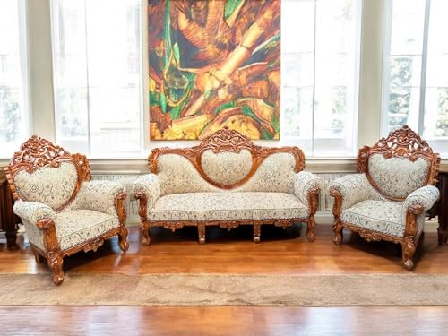 Image of Wooden 5 Seater Sofa Set | Teak Wood Hand-Carved Sofa 3+1+1 Traditional Design Furniture for Living Room, Home, Office Seating