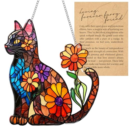 Flower Black Cat Acrylic Suncatcher Ornament with Story Card for Window Hanging Cute Halloween Window Decorations Gifts for Cat Lovers for Women Gothic Decor