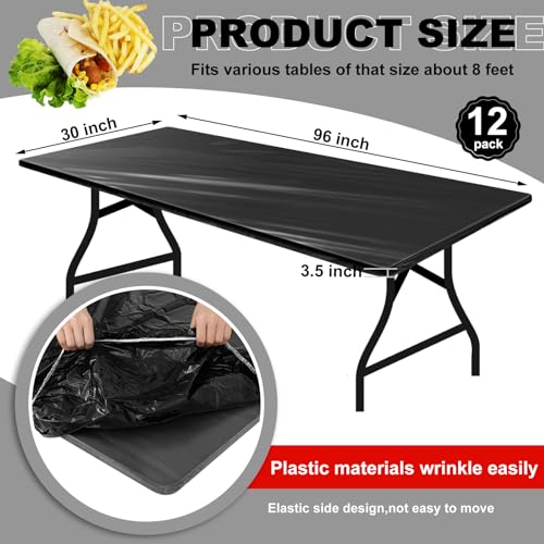 Image of Boao 12 Plastic Elastic Fitted Tablecloths, 8 Ft, 96 x 30 Inch, Black