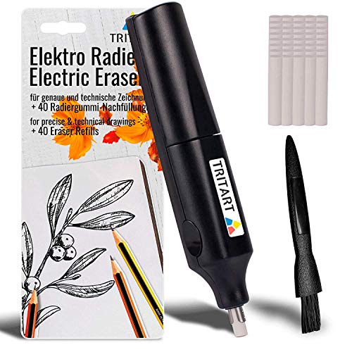 PREMIUM Elektrischer Radiergummi | Elektro-Radierer und 40 Ersatzgummis Gratis Säuberungspinsel | Batterie Radierer von Tritart