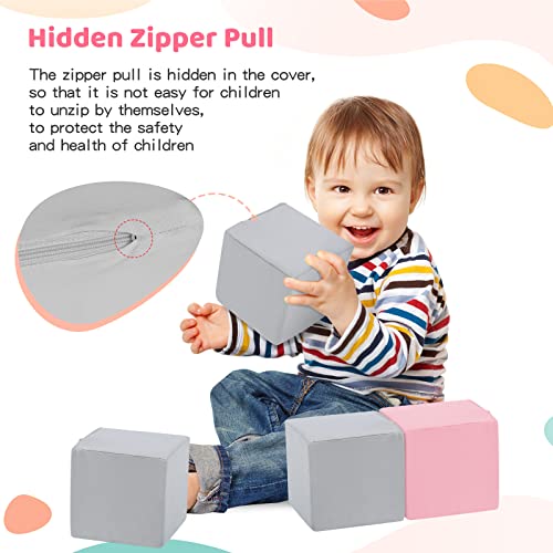 Trendbox 12 Pcs Toddler Foam Blocks, 5.5Inch Soft Foam Cubes Blocks With Detachable Washable Cover, Soft Play Blocks For Toddlers And Kid（Light Gray/Pink/Blue #TOP5