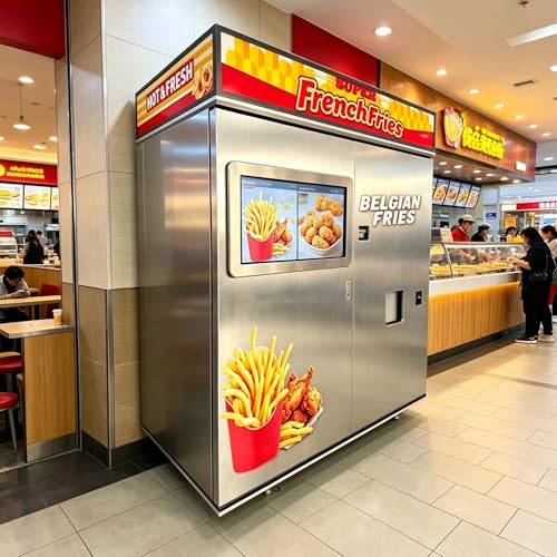 Smart French Fries Vending Machine, Commercial Fully Automatic Hot Food Dispenser 24H Self Service Kiosk with Touch Screen Multi Payment System for Shopping Mall School Airport Office Business Use