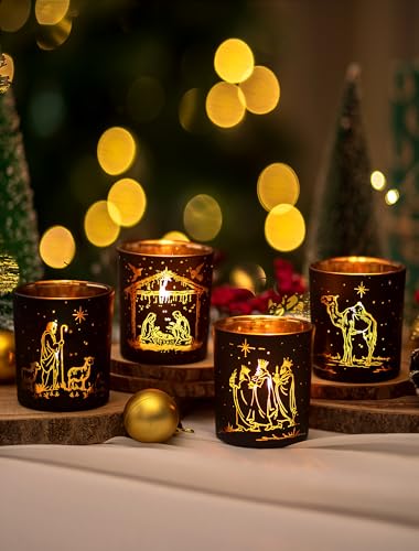 Romadedi Krippe Weihnachten Teelichthalter Set: 4er Set Glas...