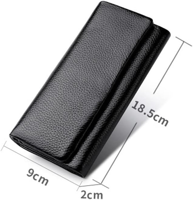 Long Genuine Leather Ladies Wallet with Lychee Grain Design and Multiple Card Slots (Black)