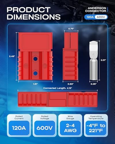 furwishlisting Anderson Connector 120A 600V Battery Quick Connect/Disconnect for 2-4 AWG Cables, Anderson Plug for Winch, Trailer, RV, Forklift (Red, 4 PCS) - 1